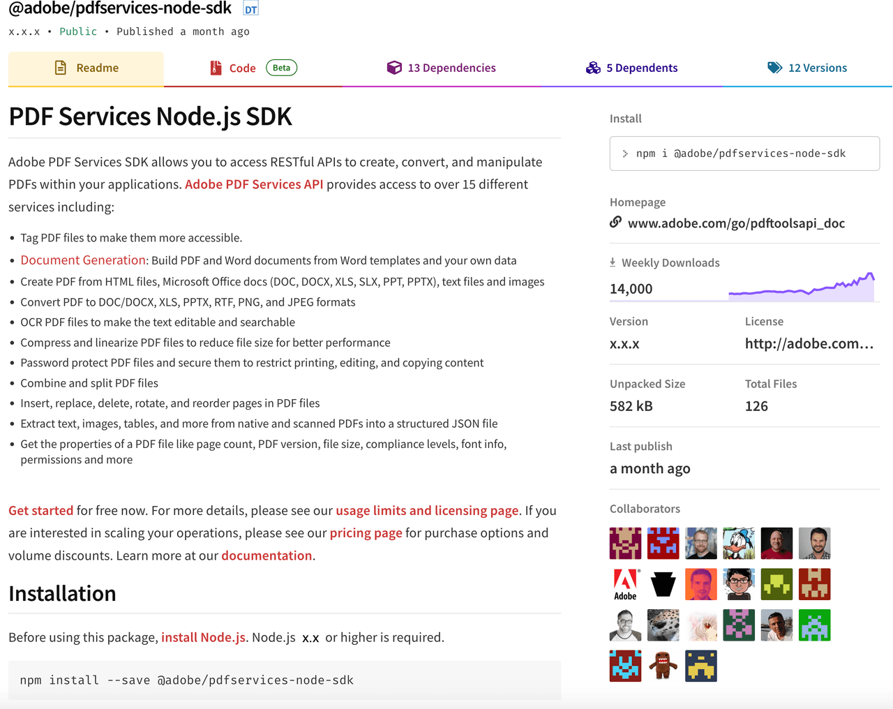 Adobe PDF Services SDK on NPM JS