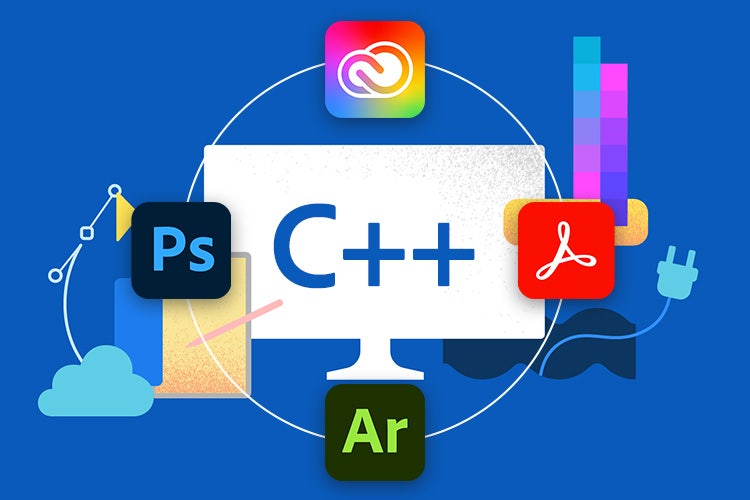 The letters C plus plus on a computer monitor with Adobe App icons surrounded with a blue background.